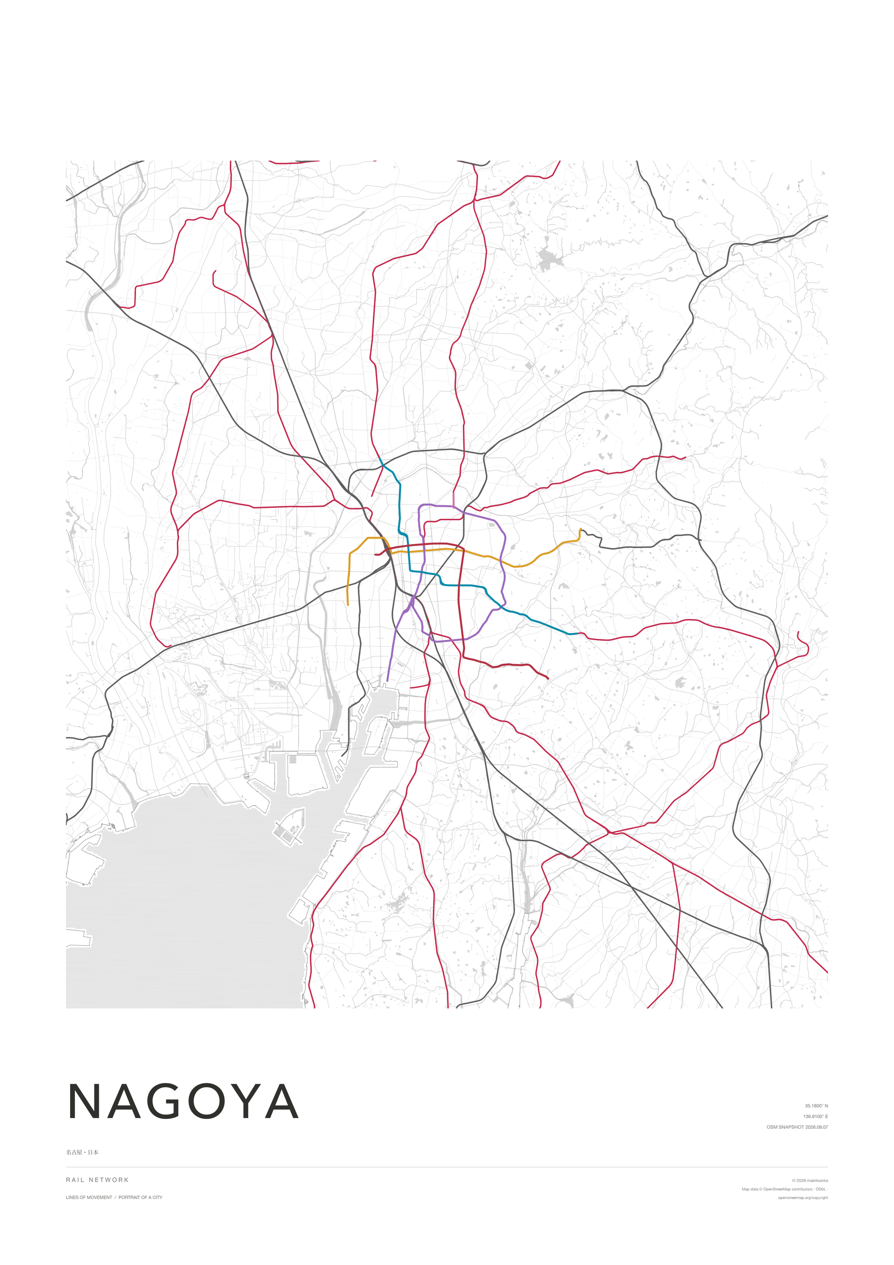 Rail network artwork of Nagoya with red, grey, blue, purple and gold routes over a pale city map.