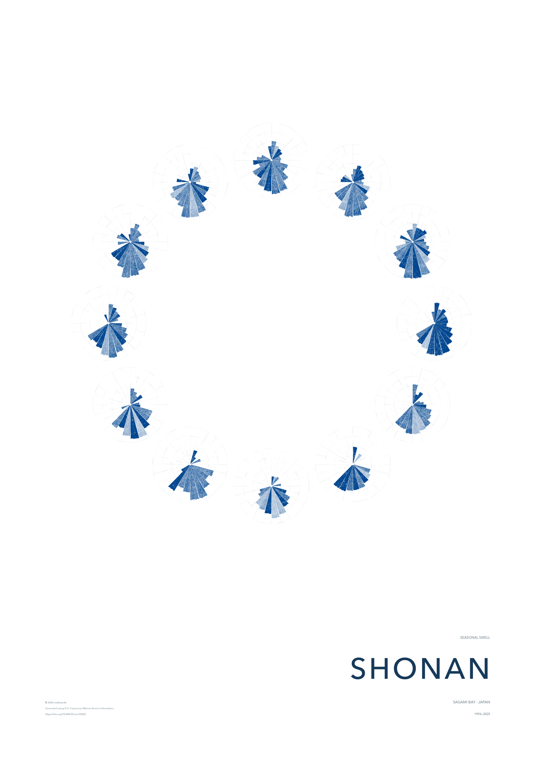 Twelve blue radial charts forming a ring, visualizing seasonal wave conditions in Shonan.
